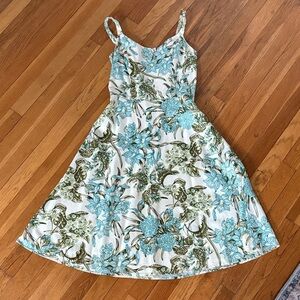 LOFT White Dress with Teal & Olive Floral Print. Size 0